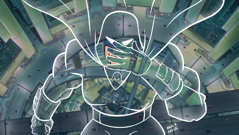 the iconic shot from Ghost in the Shell movie of Kusanagi falling from the skyscraper, passing her hand in front of her face as the thermoptic camo kicks in rendering her fully invisible, but instead of Kusanagi it's Space Ghost going inviso.