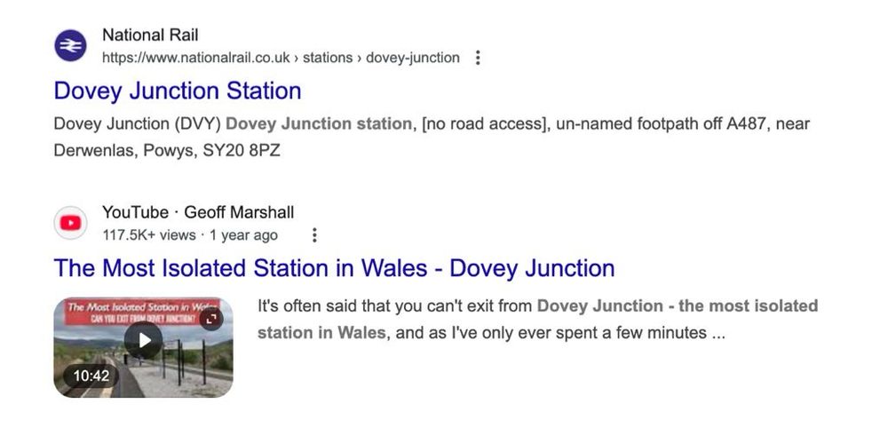 National Rail

https://www.nationalrail.co.uk › stations › dovey-junction
Dovey Junction (DVY) Dovey Junction station, [no road access], un-named footpath off A487, near Derwenlas, Powys, SY20 8PZ
YouTube • Geoff Marshall

The Most Isolated Station in Wales - Dovey Junction

Its often said that you can't exit from Dovey Junction - the most isolated station in Wales, and as I've only ever spent a few minutes ...