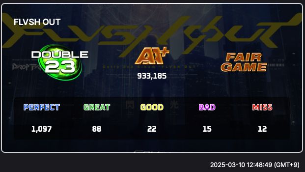 Piugame.com screenshot of a pass on FLVSH OUT D23. Score: 933,185. Judgements: 1097/88/22/15/12.