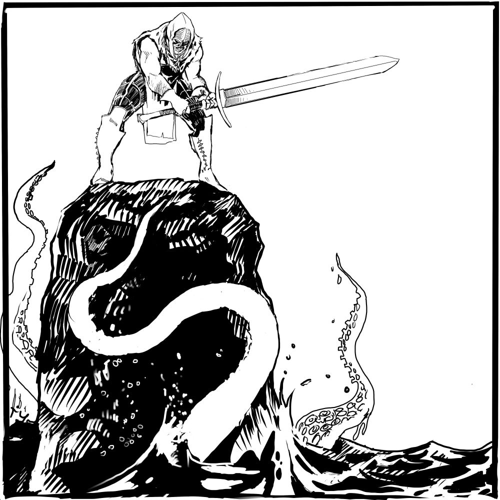 Errant knight, digital ink drawing. By Chris Soares.