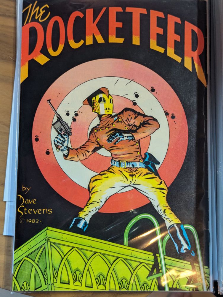 Back cover of The Rocketeer number 1, by Dave Stevens.Published by Pacific Comics 1982. Rocketeer drawn in a pinup style.