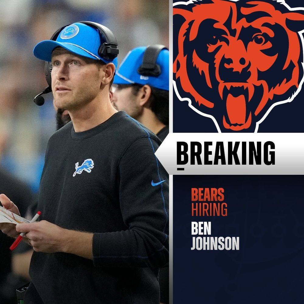 A photo of Ben Johnson former Lions OC. And the Bears logo on the right. With text reading "Breaking. Bears Hiring Ben Johnson."