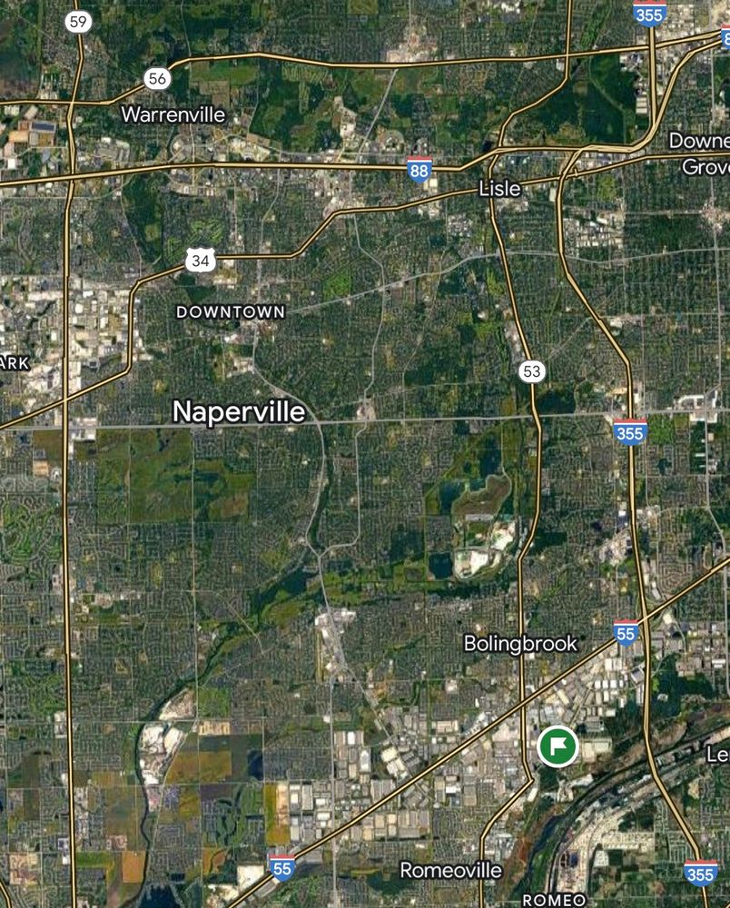A screenshot of Google maps satellite view of Naperville and the surrounding cities.