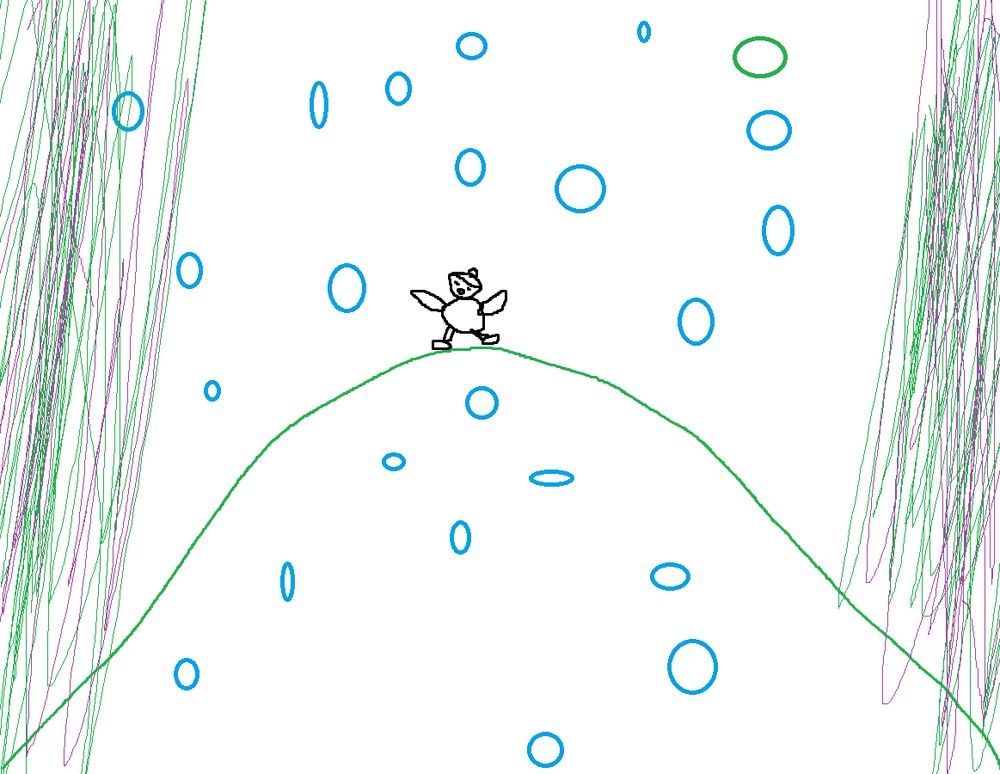 crude drawing of someone standing on a hill while it snows