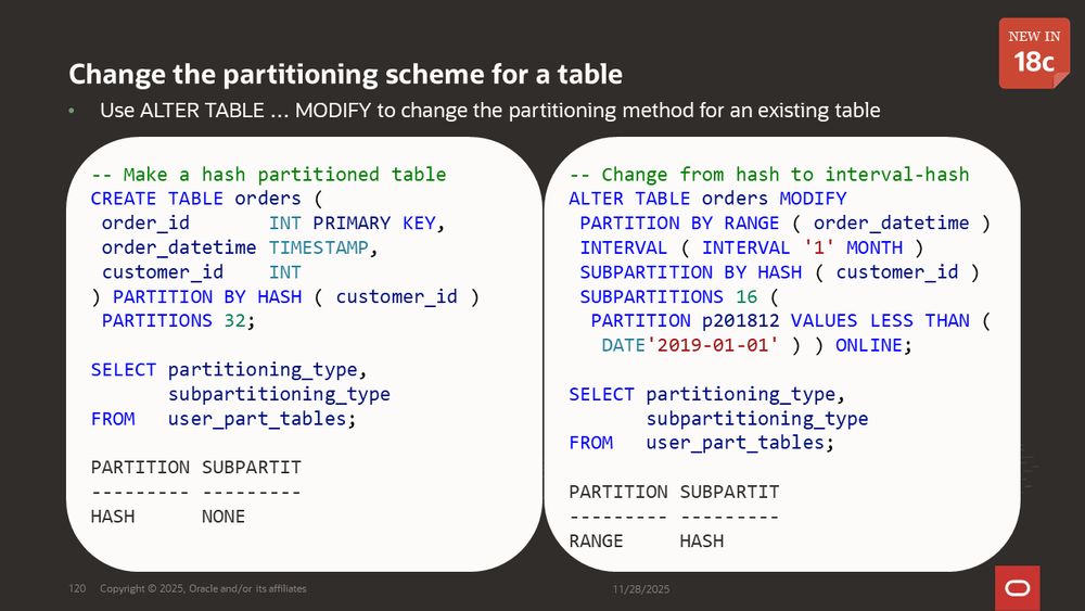Change the partitioning scheme for a table
Use ALTER TABLE … MODIFY to change the partitioning method for an existing table
Example creating a hash partitioned table
Then using ALTER TABLE MODIFY to change it to an interval-hash partitioned table