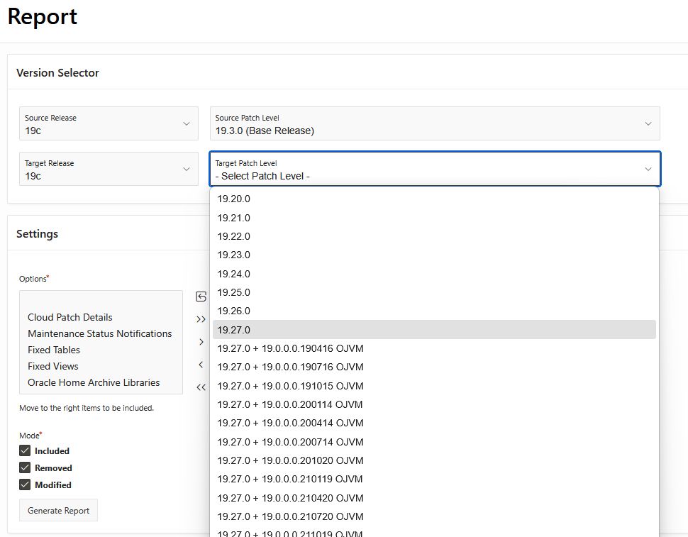 ORAdiff screenshot of version selectors to generate difference report