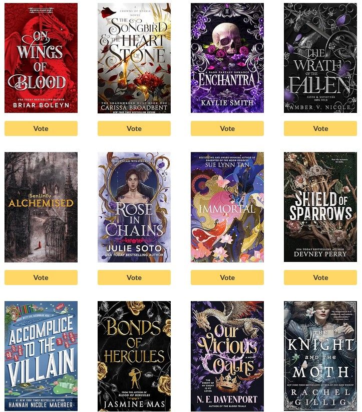 Twelve romantasy covers of which 10 are some extremely similar looking combination of curly font, greys, metallic shades, sinister icons, blackish background 