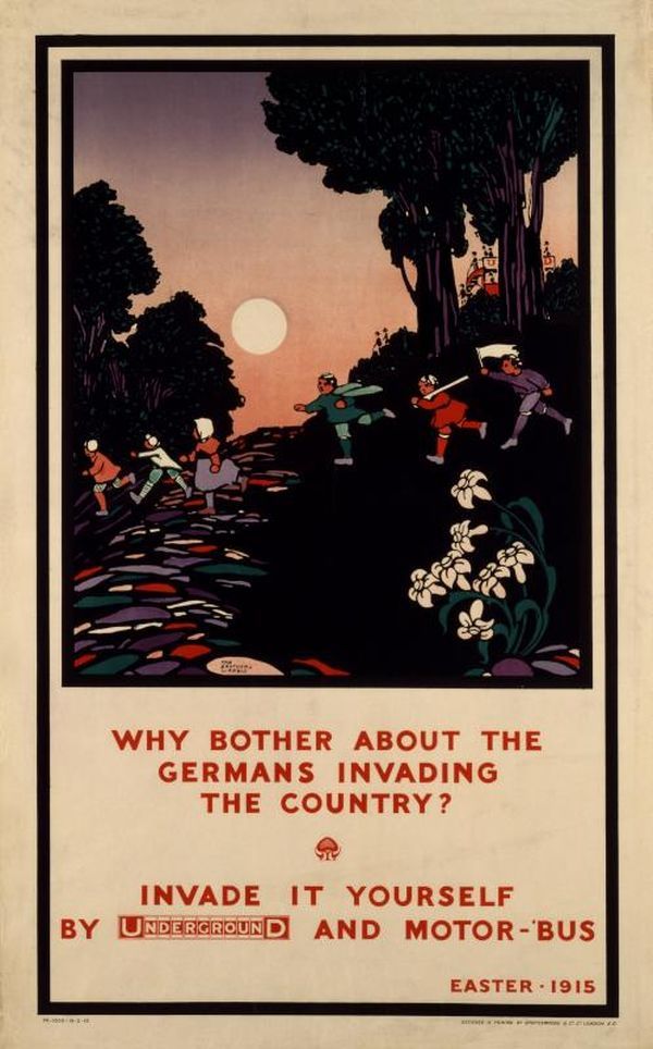 London Transport poster. A happy picture of a sunset in the countryside with a group of children running and playing. The text reads, "Why bother about the Germans invading the country? Invade it yourself by Underground and motor-bus." Dated Easter 1915
