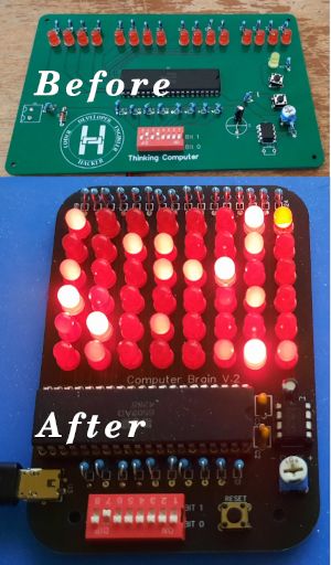 Two PCBs. Before: Thinking Computer PCB; After: Computer Brain PCB