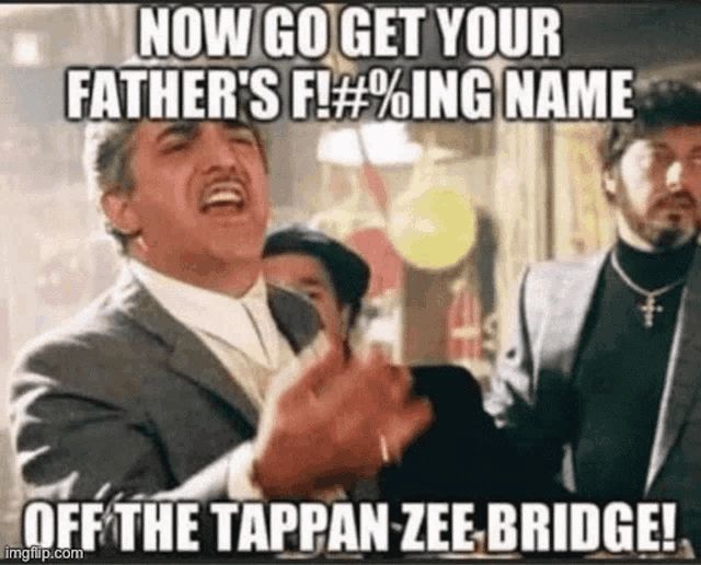 Meme of an angry mobster looking guy telling Cuomo to get "his father's fucking name off the Tappan Zee bridge"