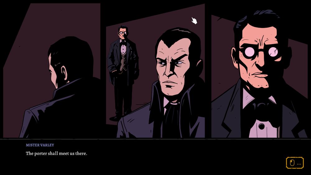 A screenshot from the game The Seance of Blake Manor. It shows two men looking at each other suspiciously in a series of three frames. Underneath, text reads 'The porter shall meet us there'.