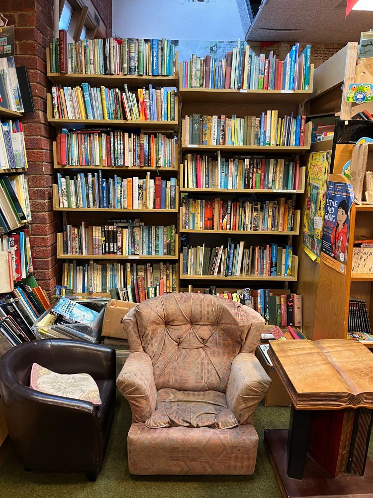 Rows of paperbacks in a bookshop with a very worn armchair in front of them 