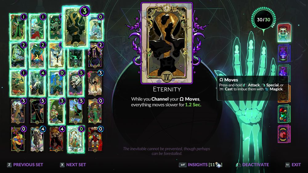Hades 2 Arcana: Eternity. While you channel you omega moves, everything moves slower for 1.2 seconds.