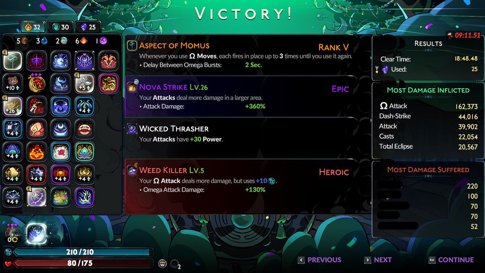 Hades 2 screenshot showing an Underworld victory on Fear 25 in 18:48 minutes. I have Aspect of Momus Rank V, Wicked Thrasher, Nova Strike Level 26, and Weed Killer Level 5, for the biggest Omega Attack I've ever seen in my life