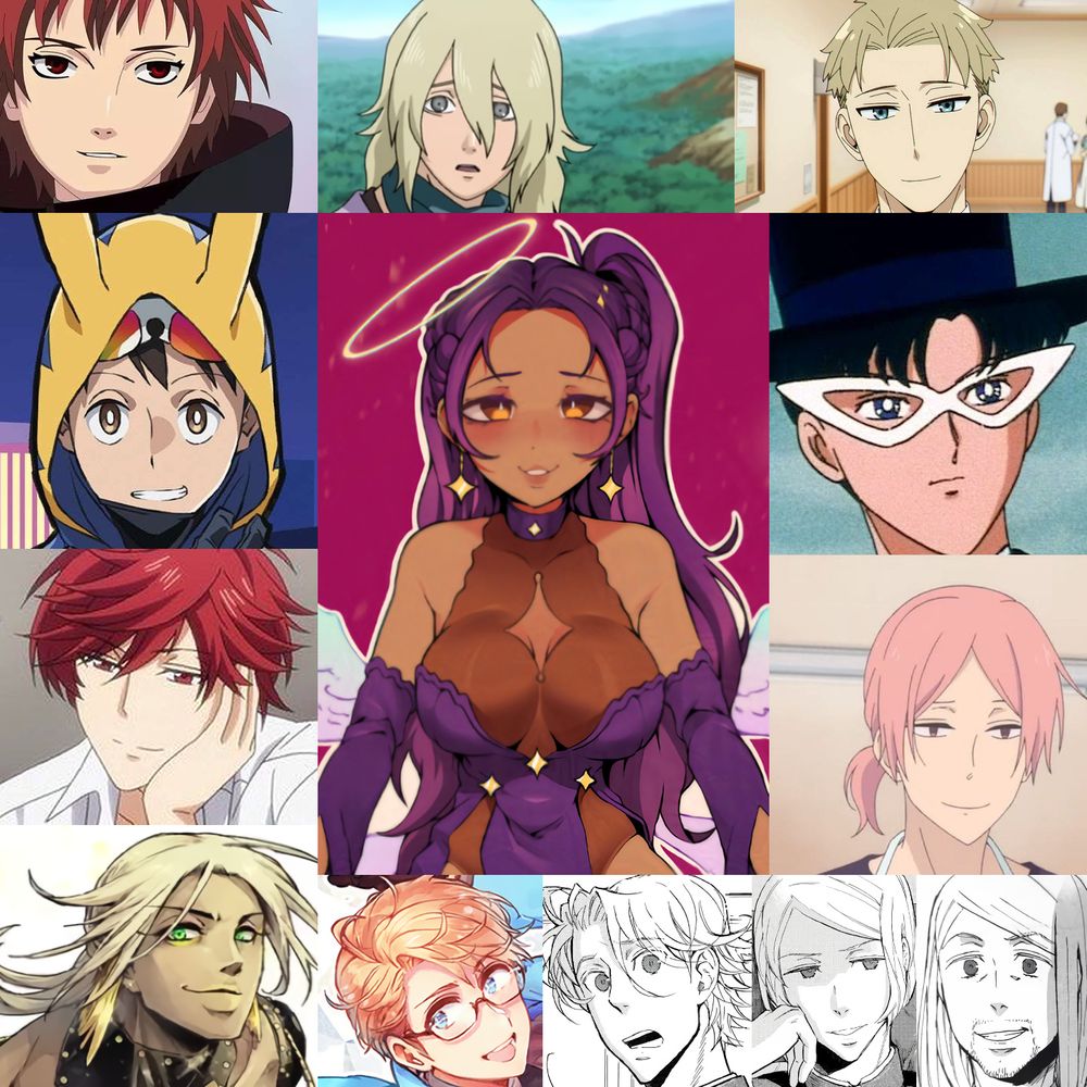 Going Clockwise from Top Left First:
1. Sasori (Naruto)
2. Koichi (My Hero Academia: Vigilantes)
3. Mikoto (Monthly Girls' Nozaki-kun)
4. Venus Pororotcho (NND Compass)
5. America (Hetalia)
6. Napoleon Gen III (Afterschool Charisma)
7. Sigmund Son Gen III (Afterschool Charisma)
8. Daddy Sigmund Gen II (Afterschool Charisma)
9. Usaida (Gakuen Babysitters)
10. Mamoru (Sailor Moon)
11. lloyd (Spy x Family)
12. Menma (Naruto Filler)
