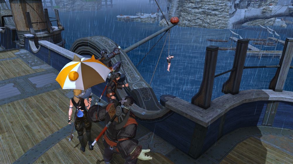 A group of sailors and the player character peering down at a man dangling from a ship. The sailors, who can be presumed to have strung him up, are laughing at him.