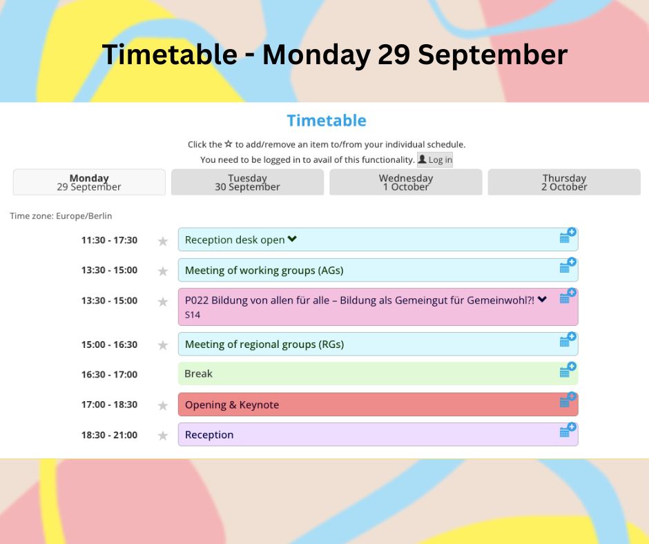 Timetable for Monday 29 September