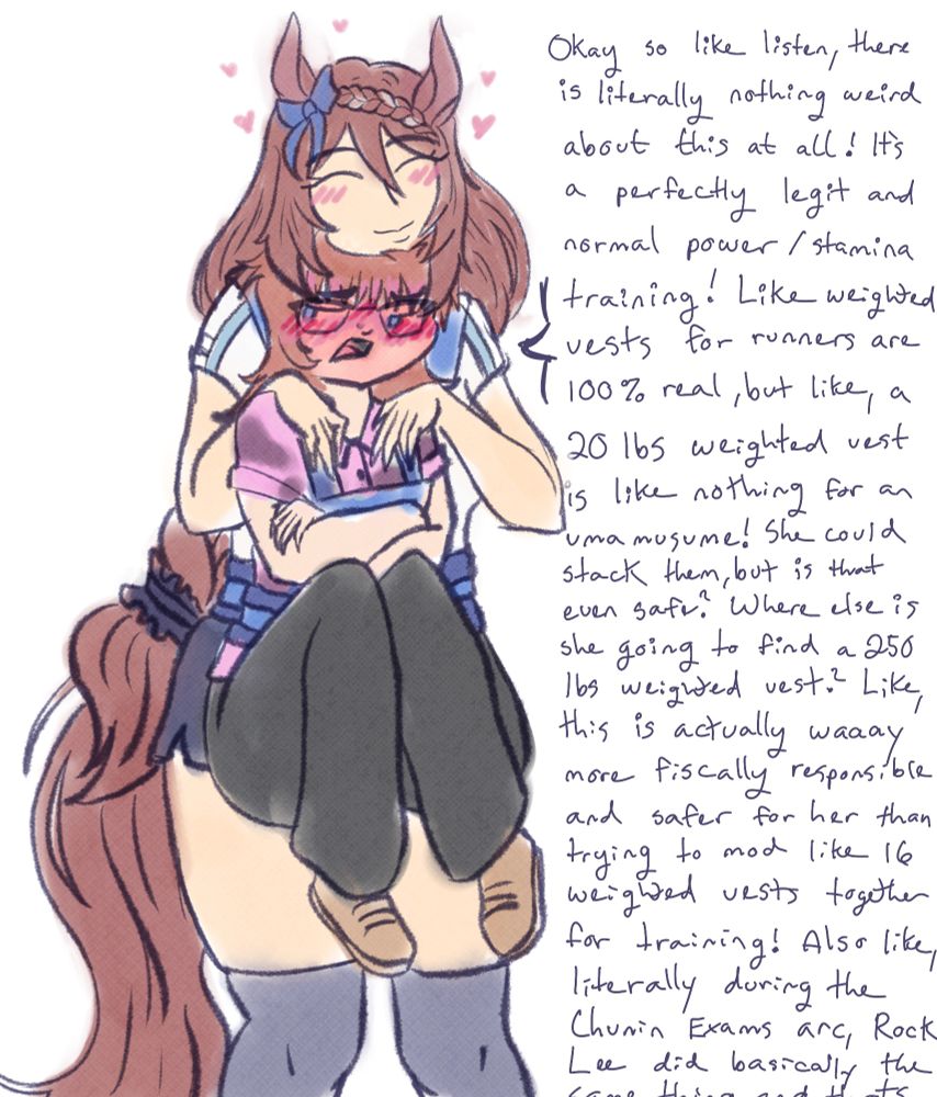 A doodle of super creek from uma musume carrying her trainer in a baby bjorn on her chest. She looks very content. Her trainer looks very embarrassed and is blushing heavily, trying to explain that this isnt weird and its just good way to strength train.