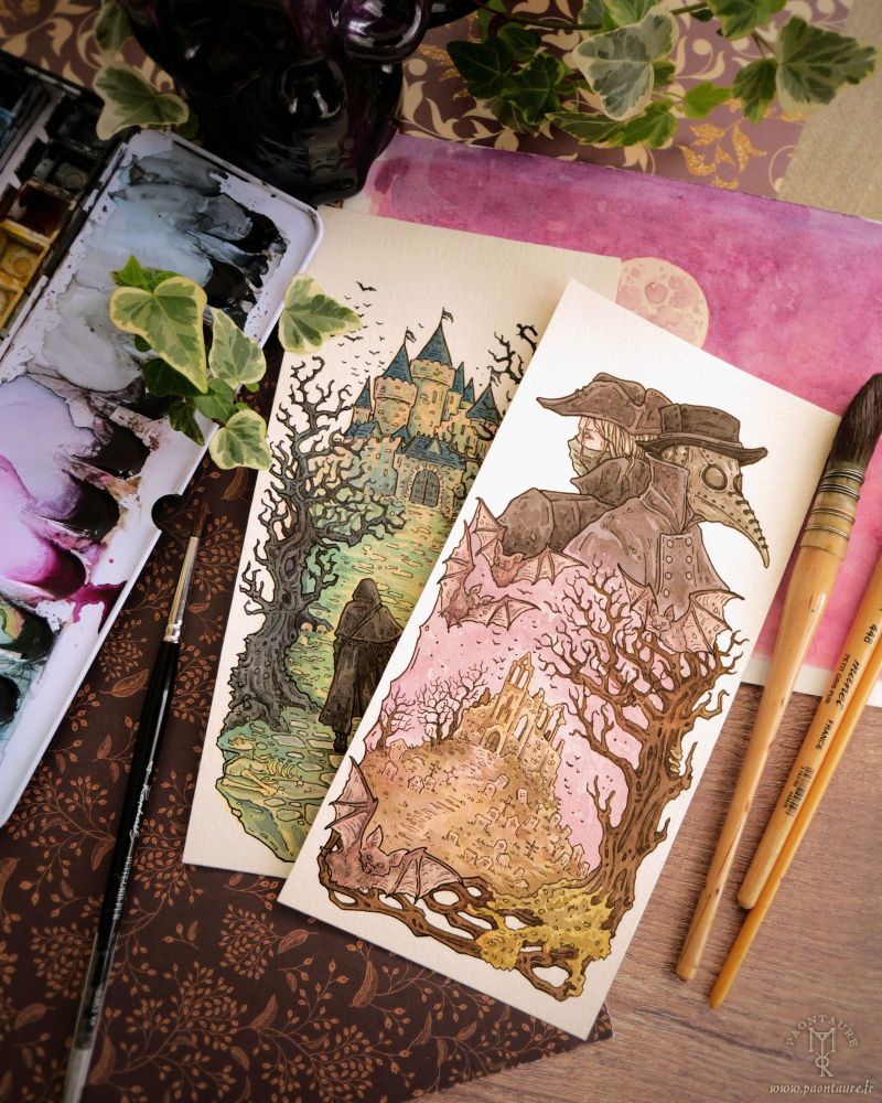 Picture of watercolor drawings with a palette and brushes. The first painting depicts a masked oc wearing a tricorn hat and a plague doctor, and a cemetery. The second painting (under the first one) depicts a dark figure in front of a medieval castle. Art by Paontaure.