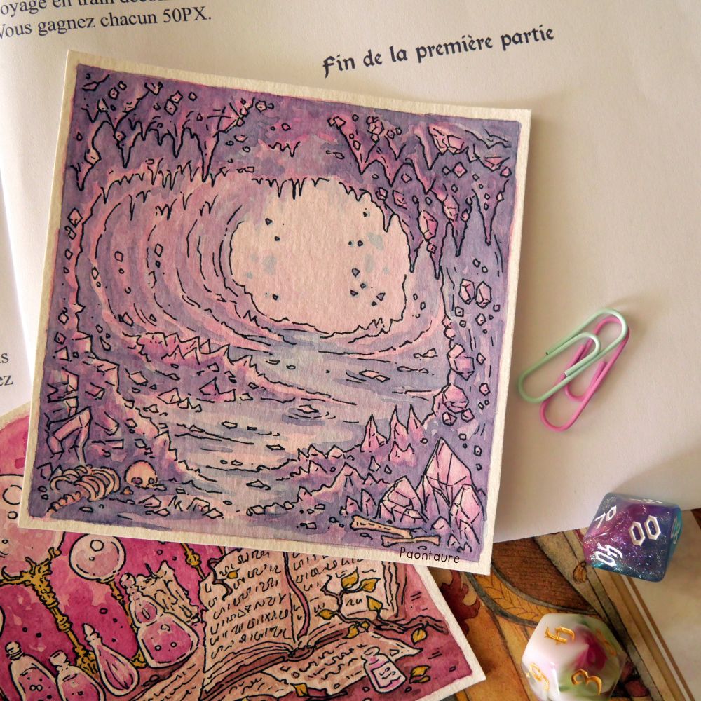 Illustration à l'aquarelle d'une cave, dans un univers de Dnd. Art par Paontaure.