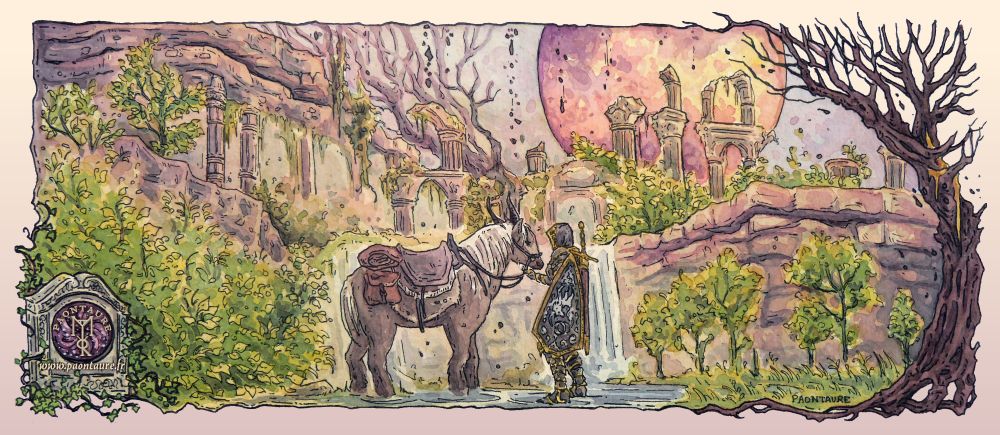 Fanart of Elden Ring DLC. It represents the tarnished (a knight) with the horse Torrent in front of a waterfall and ruins. ©Paontaure 