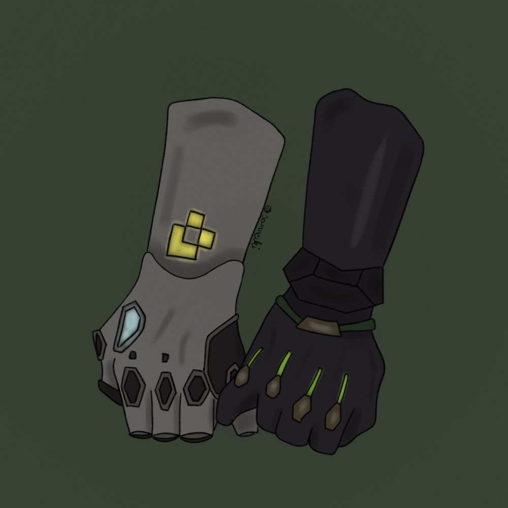 Art of Viper and Deadlock's hands, holding each other by their pinky fingers 