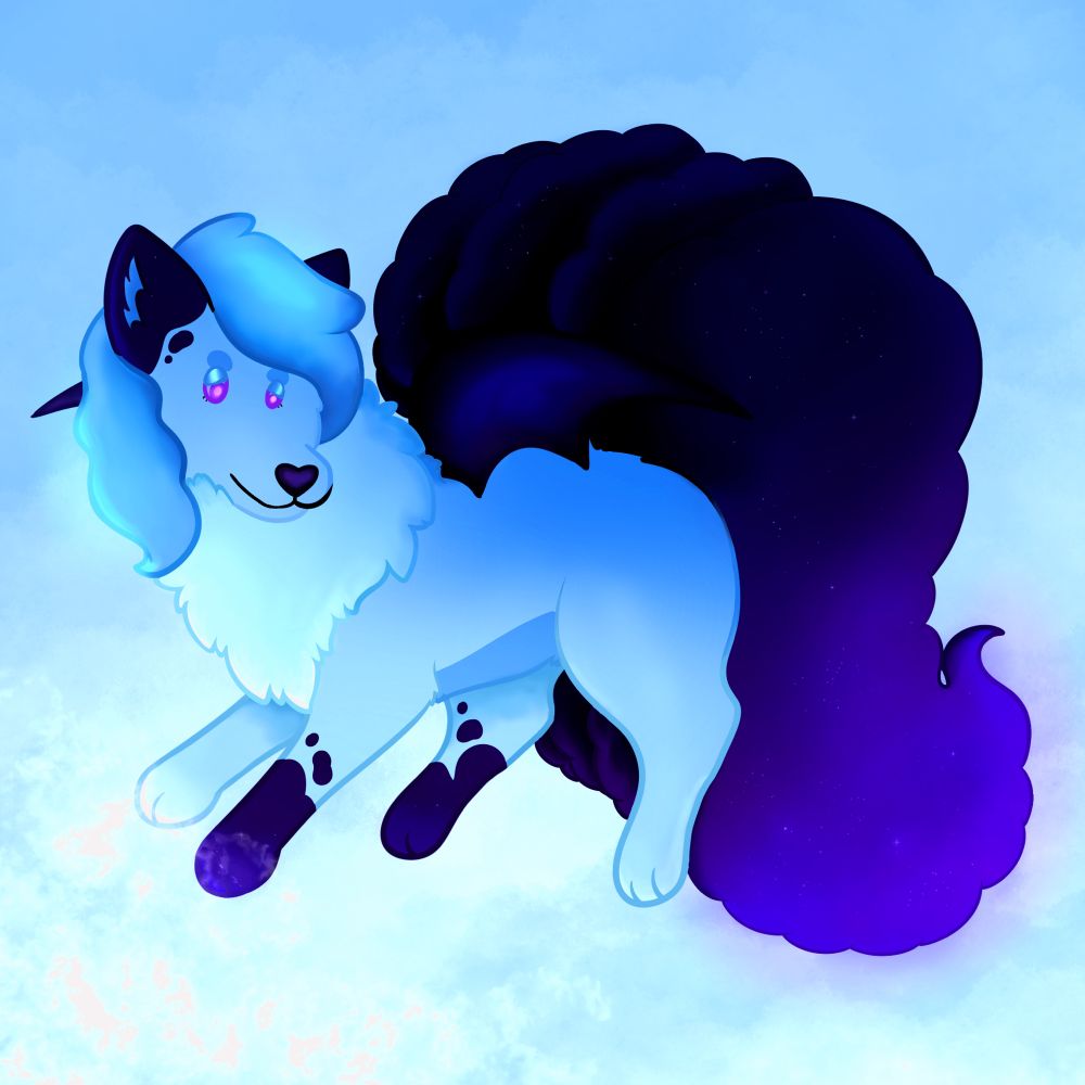 a drawing of @pearlousthetic’s oc robin, a vulpix/woobat/cosmog hybrid flying/floating through some clouds