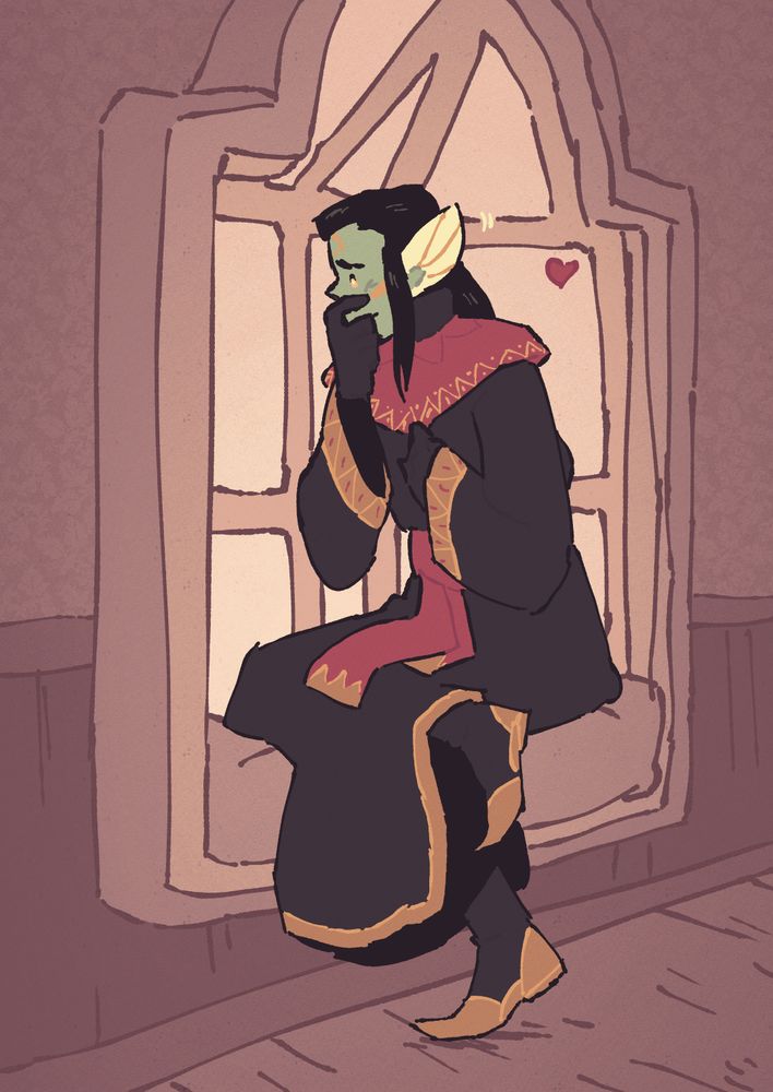 Bel looking out a window, blushing and smiling