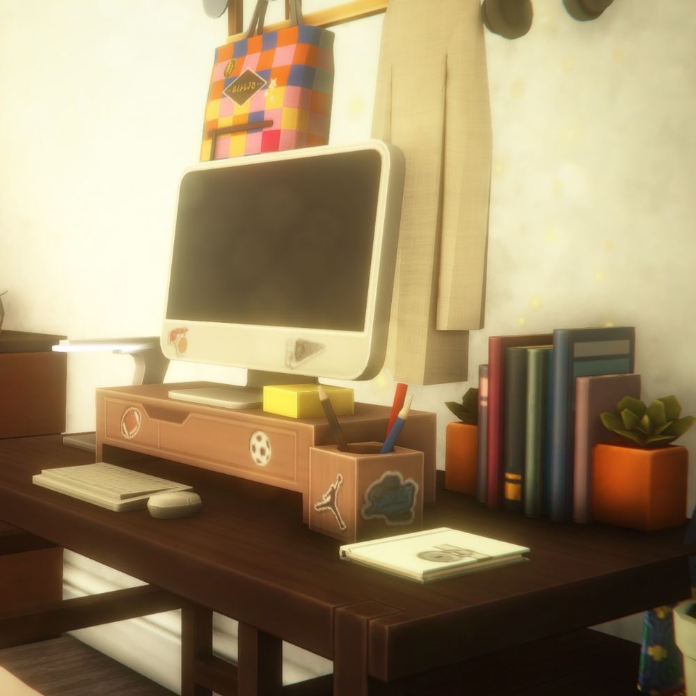 Sims 4 desk with desktop computer.