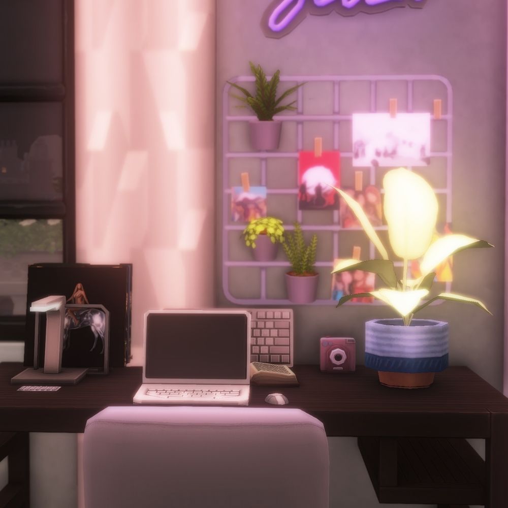 Sims 4 desk with laptop, plants, and decor.