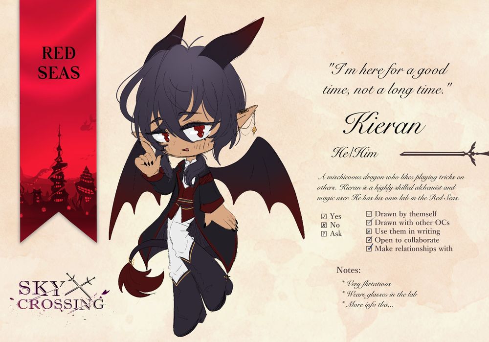 Introduction/Profile for my OC Kieran. Done for the Bluesky project, SkyxCrossing!