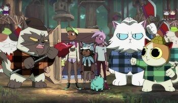 screenshot of kipo of the main cast surrounded by giant lumberjack cats