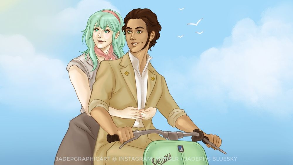 Fem Byleth and Claude enjoying a ride on a Vespa (Italian scooter) during their holidays. The sky in the background is light blue, with only a few clouds and a small group of seagulls flying towards the horizon in the upper side of the illustration. The piece is inspired to the movie Roman Holidays.