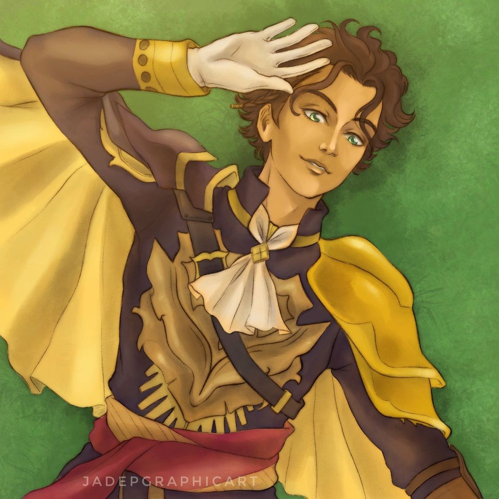 Illustration featuring Claude von Riegan with his Fire Emblem Three Hopes look, laying on the grass and looking at the viewer with a kind but a bit smug smile on his lips. He is placing his right hand close to his face to cover up his eyes from the bright sun.