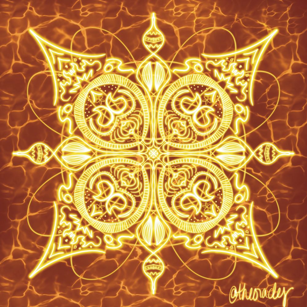 On a background of brownish orange with orange crackly detailing, a complex symmetrical symbol drawn in bright orange light pen, It features circles, curves, points, bulbs, flames, butterflies, faces, parentheses, squiggles, circles, dots, stripes, sunbursts, and more in a general square shape with bulbs at the cardinal directions.