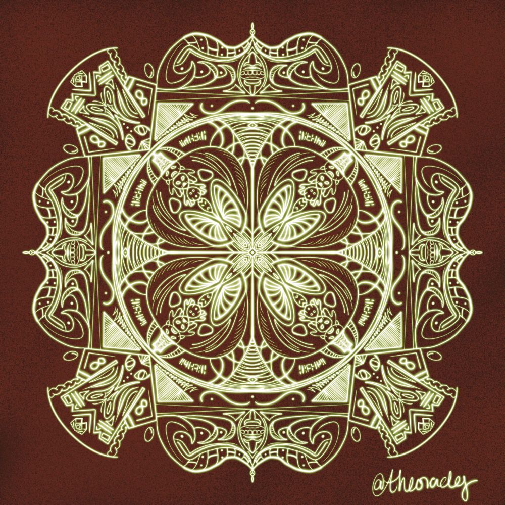 On a background of dark brown covered in cocoa powder granules, there is a complex symmetrical symbol drawn in lime green light pen. It features curves and coils, faces and earrings, mouths and tongues, waves and arcs, chevrons and lines, braids and triangles, symbols for eternity and ovoids, zigzags and more.