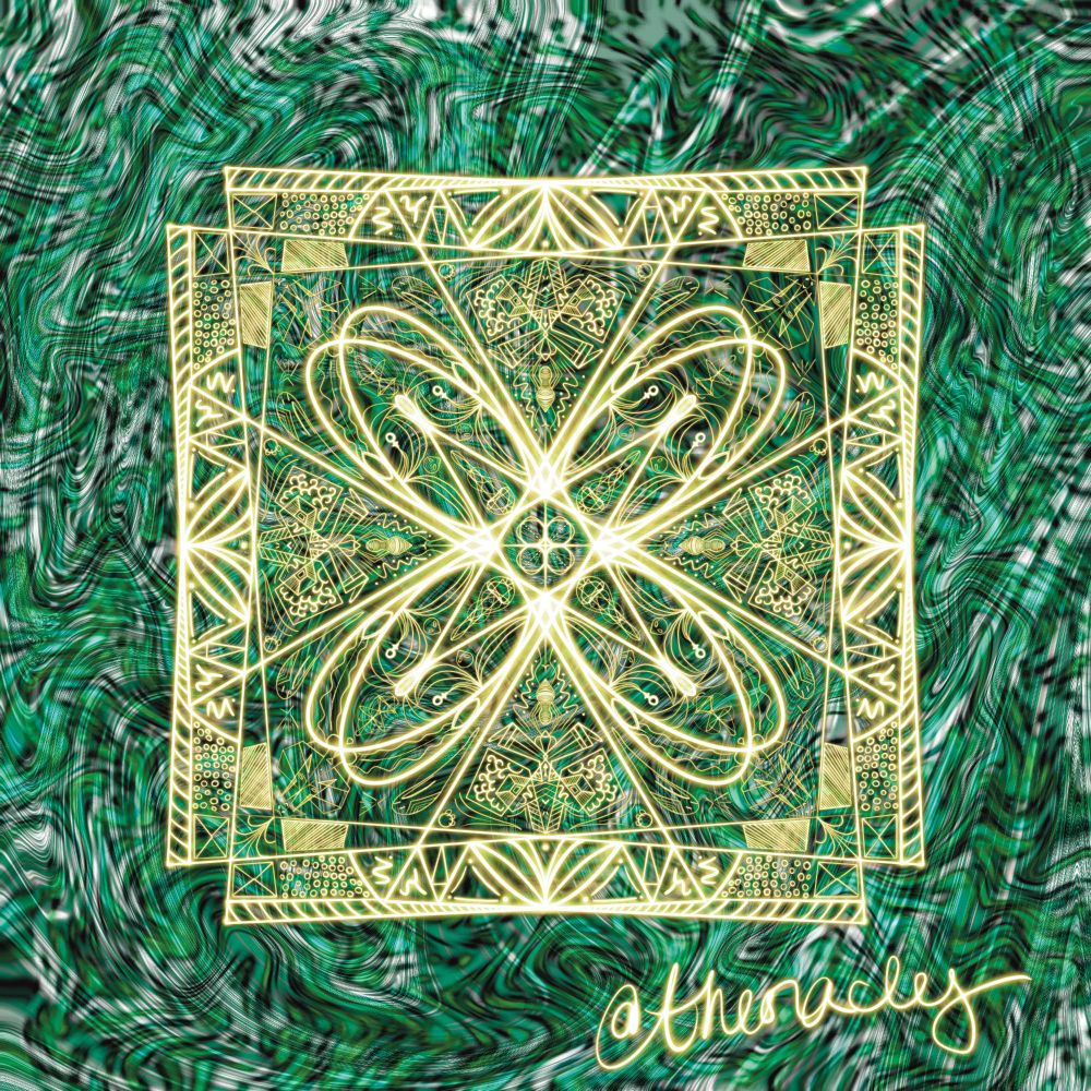 On a smeary marbled background of silver, green, and darker green, there is a complex symmetrical symbol drawn in gold light pen. Within an uneven pair of squares, there are angles, arcs, ellipses, points, figures, lines, circles, Venus symbols, curves, and more.