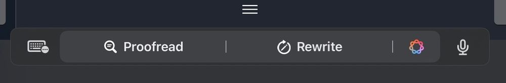 A screenshot of the iOS writing app Scrivener, showing buttons that read Proofread and Rewrite with a multicolored icon I do not trust.