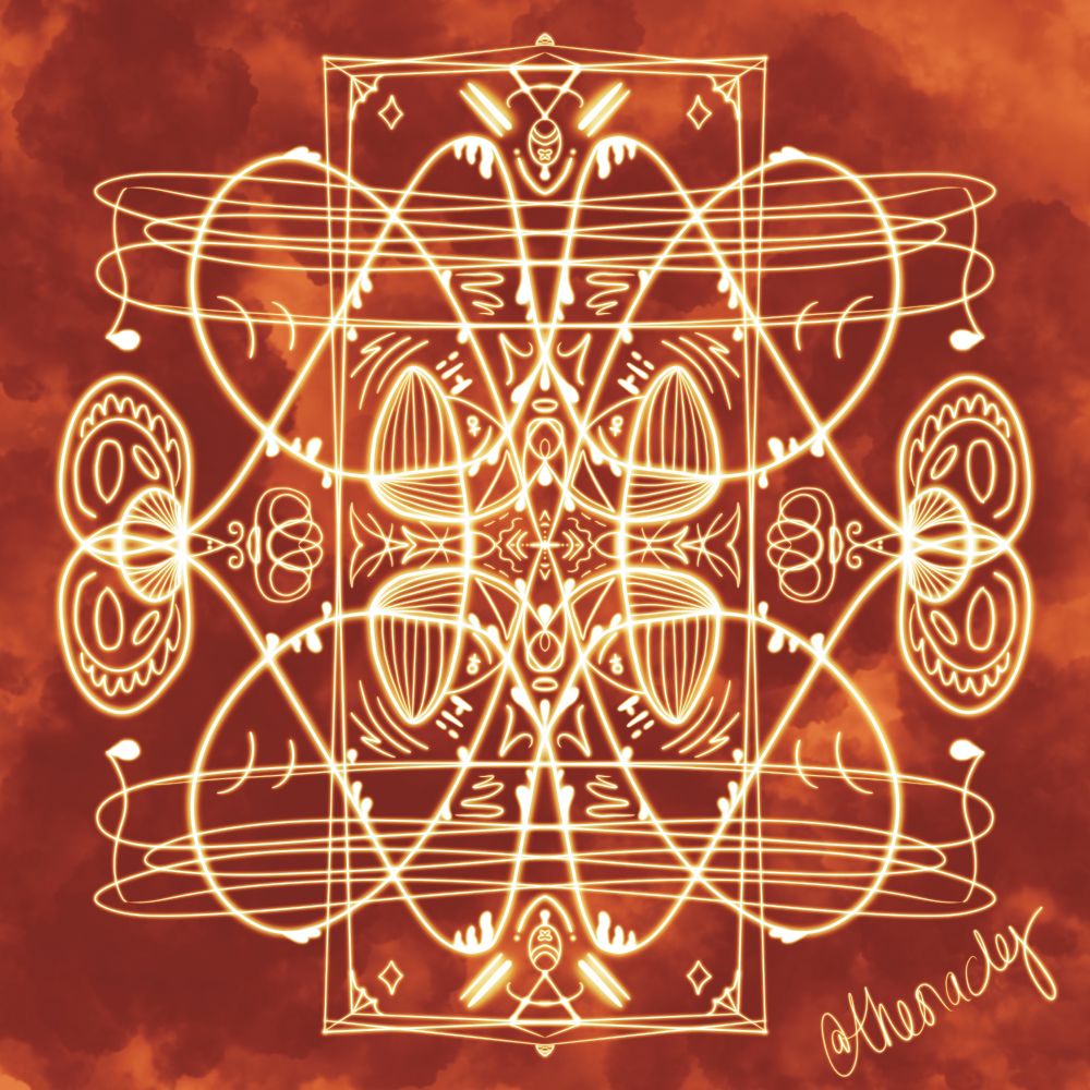 On a background of dark orange clouds, a symmetrical symbol is drawn in orange light pen. It features a large rectangular piece in the center, accentuated by loops and swoops in narrower pen strokes. There are also angles, lines, drips, drops, moths, arcs, curves, arcane symbols, diamonds, triangles, and more.