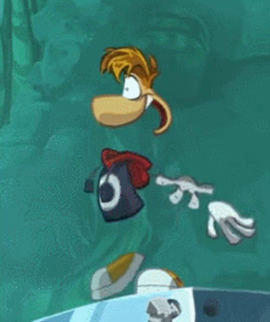 a cartoon character named rayman is swimming in the water .