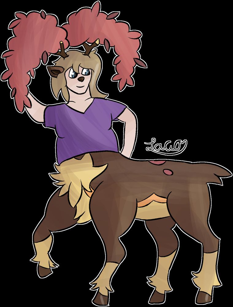 Myself, Post-tf into a Autumn form Sawsbuck centaur. My human face has a Sawsbuck nose and ears, along with leafy antlers. I am looking down at my new form pleased.