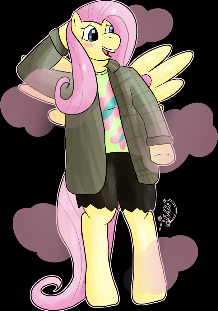 Embarrassed post-tf anthro Fluttershy wearing a green half-plaid over shirt over a green t-shirt with Fluttershy's cutie mark on it as well as dark-brown pants that have been ripped in half by the transformation