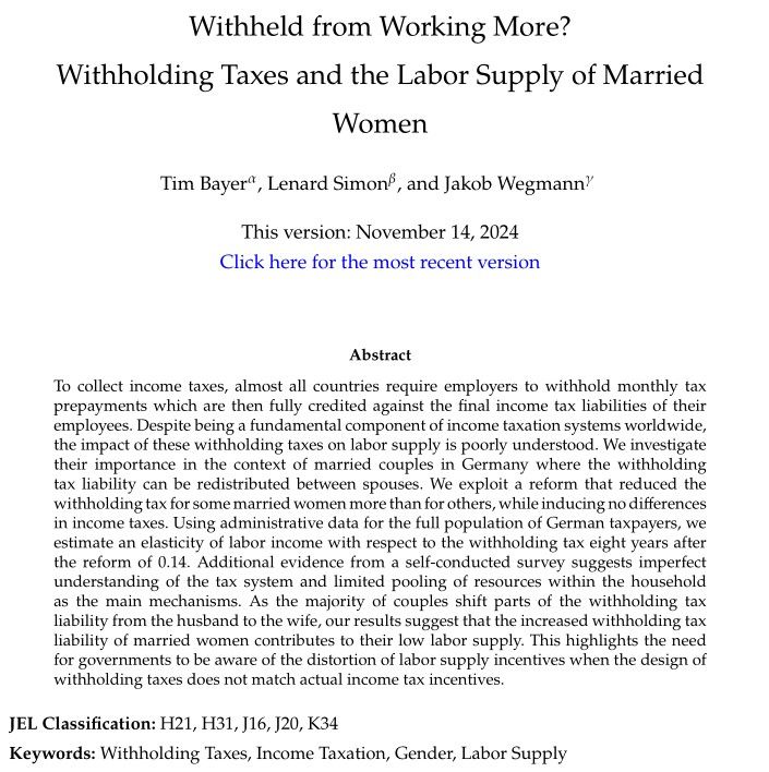 To collect income taxes, almost all countries require employers to withhold monthly tax prepayments which are then fully credited against the final income tax liabilities of their employees. Despite being a fundamental component of income taxation systems worldwide, the impact of these withholding taxes on labor supply is poorly understood. We investigate their importance in the context of married couples in Germany where the withholding tax liability can be redistributed between spouses. We exploit a reform that reduced the withholding tax for some married women more than for others, while inducing no differences in income taxes. Using administrative data for the full population of German taxpayers, we estimate an elasticity of labor income with respect to the withholding tax eight years after the reform of 0.14. Additional evidence from a self-conducted survey suggests imperfect understanding of the tax system and limited pooling of resources within the household as the main mechanisms. As the majority of couples shift parts of the withholding tax liability from the husband to the wife, our results suggest that the increased withholding tax liability of married women contributes to their low labor supply. This highlights the need for governments to be aware of the distortion of labor supply incentives when the design of withholding taxes does not match actual income tax incentives.