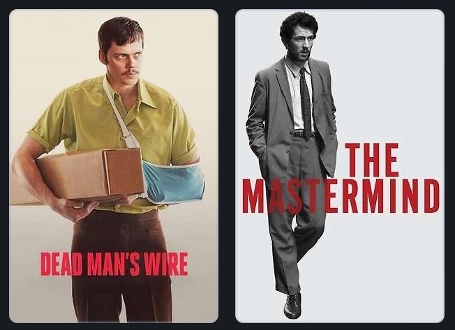 Duas capas de filmes (dead man's wire e the mastermind). Fundos claros e a figura de um homem em pé. Letras vermelhas com os nomes dos filmes