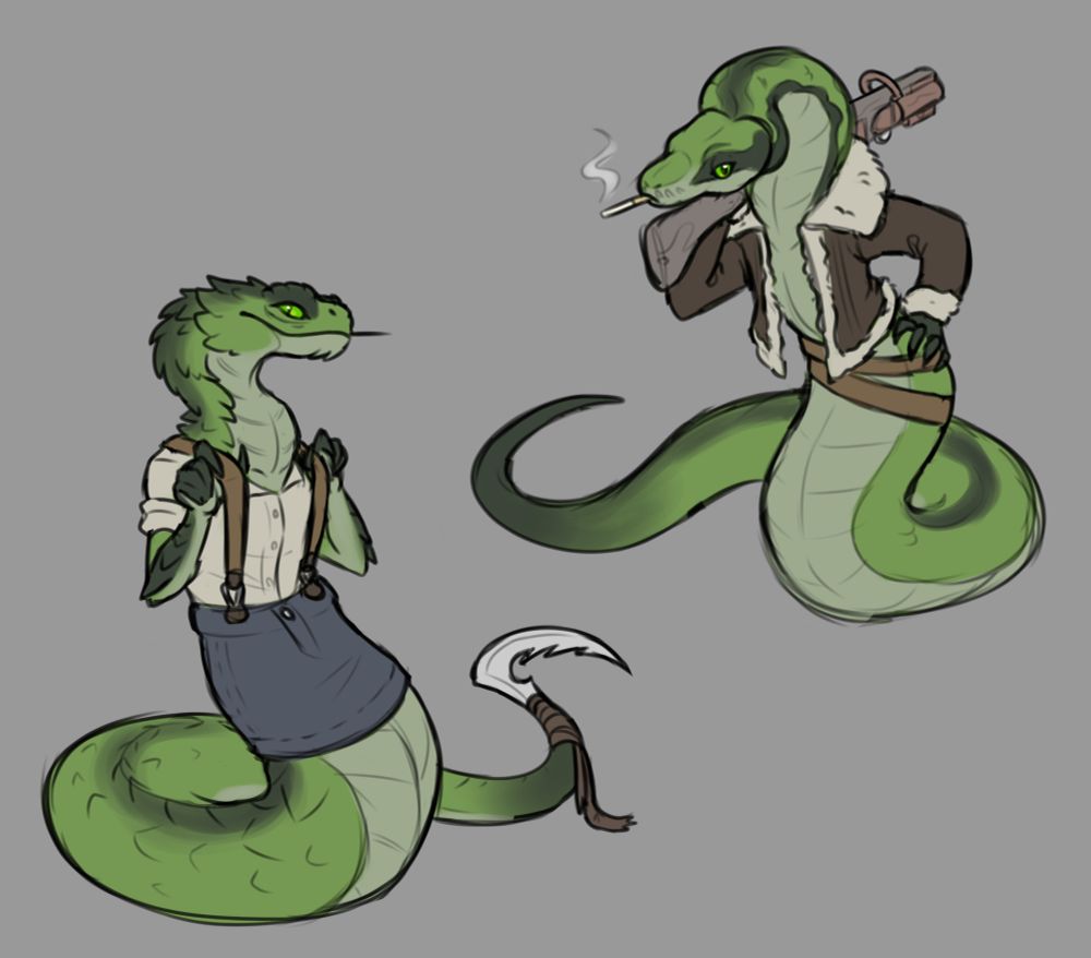 Two full-body designs of the WIP hero, Viper. Left design is based on an actual viper (Atheris) and the right design is based on a python.