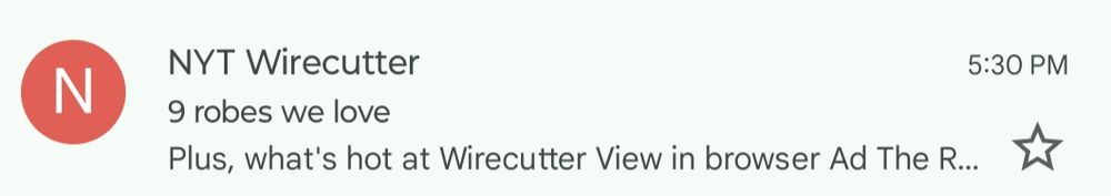 Preview of email from NYT Wirecutter with subject line "9 robes we love."