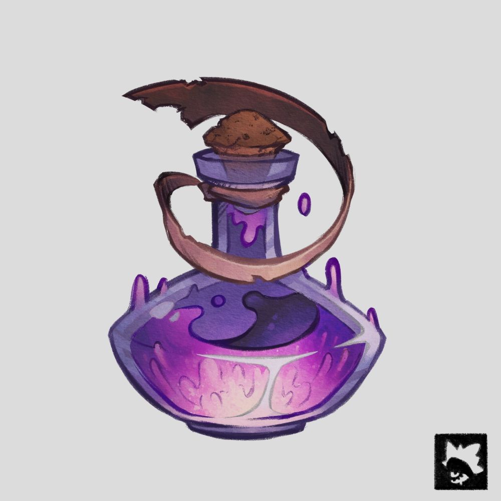 An ominous magic potion glowing with a purple liquid. Who knows what it does ?