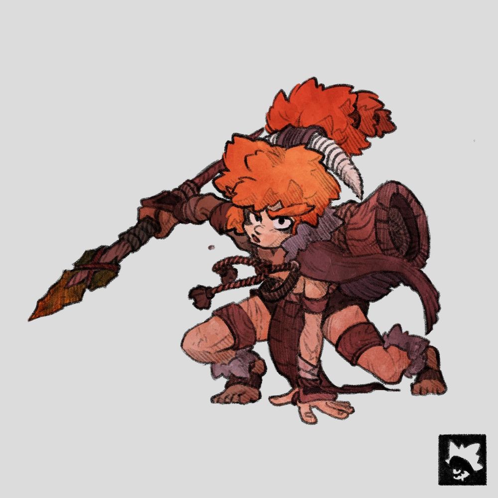 A drawing of Hazel, a dnd original character. He's a gnome hunter with really long orange hair, he looks feral and doesn't wear much clothes. He weilds a spear made of obsidian.