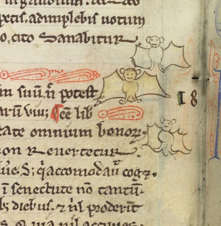 Three outlines of three bats as marginalia in a yellowed page from a Bodleian manuscript. The bat marginalia are hastily drawn (likely added by a different hand than the scribe who wrote and illustrated the rest of the text). The bats have simplistic facial expresisons; one has two eyes and a straight line for a mouth, the second has a soft smile, and the third has something between the two.