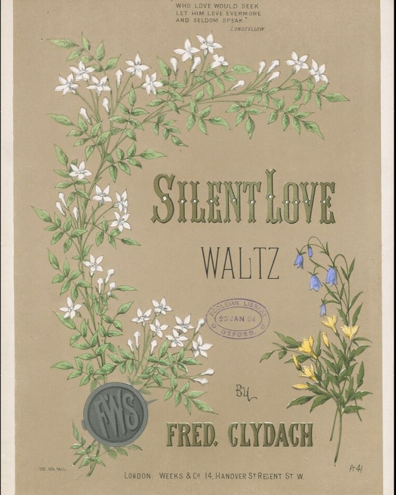 This score sheet cover is decorated with realistic floral illustrations, a white flower with small green leaves - possibly jasmine, curves over the left hand side of the page. To the right, a posy of purple and yellow flowers. The text reads "Silent Love Waltz by Fred Clydach". 
